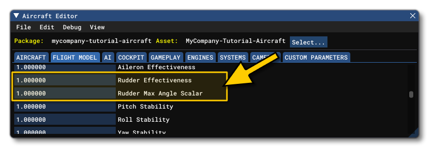 The Rudder Effectiveness And Max Angle Scalar Parameters in The SimObject Editor