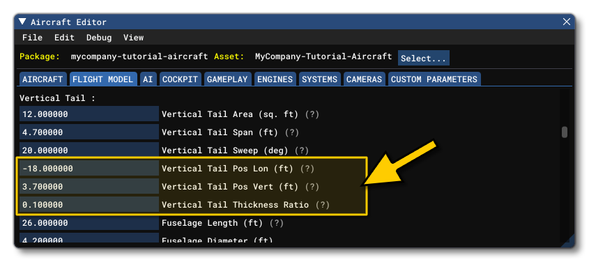 The V-Tail Pos And Thickness Parameters in The SimObject Editor The V-Tail Pos And Thickness Parameters in The SimObject Editor