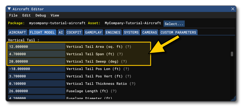 The H-Tail Area, Span And Sweep Parameters in The SimObject Editor The H-Tail Area, Span And Sweep Parameters in The SimObject Editor