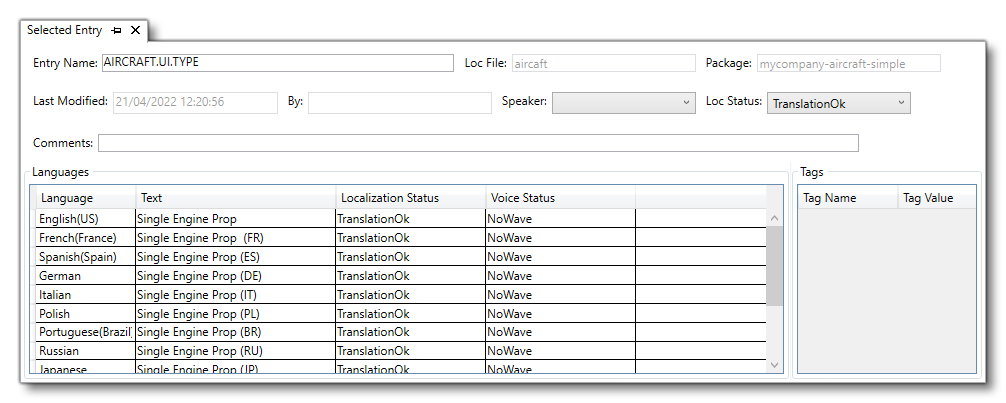 The Selected Entry View In The Localization Manager