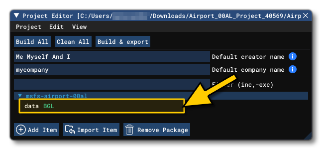 The BGL Asset Group In The Project Editor