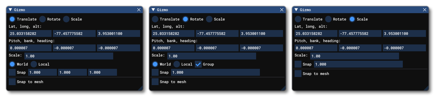 The Different Gizmo Windows For The Scenery Editor