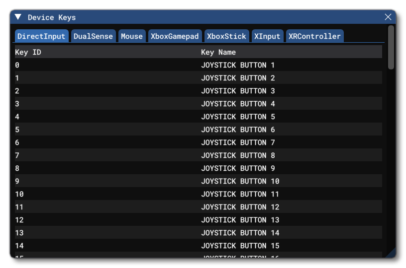 The Device Keys Reference Window