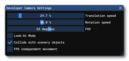 The Developer Camera Settings Window