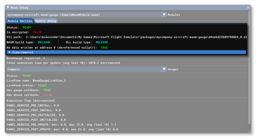 The Module Section Of The WASM Debug Menu