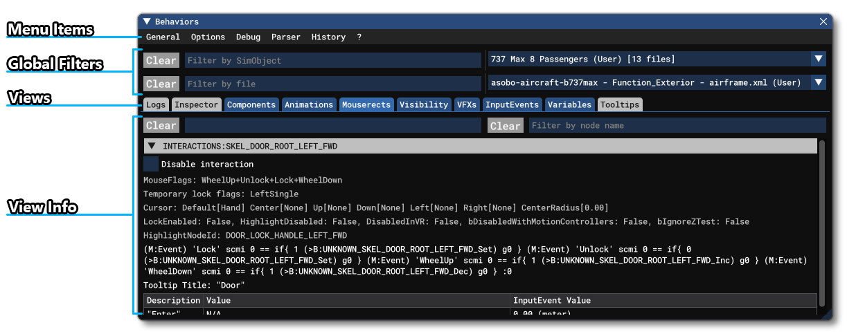 The Model Behaviors Debug Window