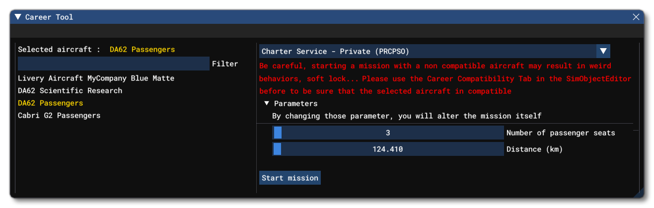 The Career Tool Window After Selecting An Aircraft And An Activity