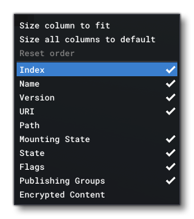 The Package Window Columns RMB Menu