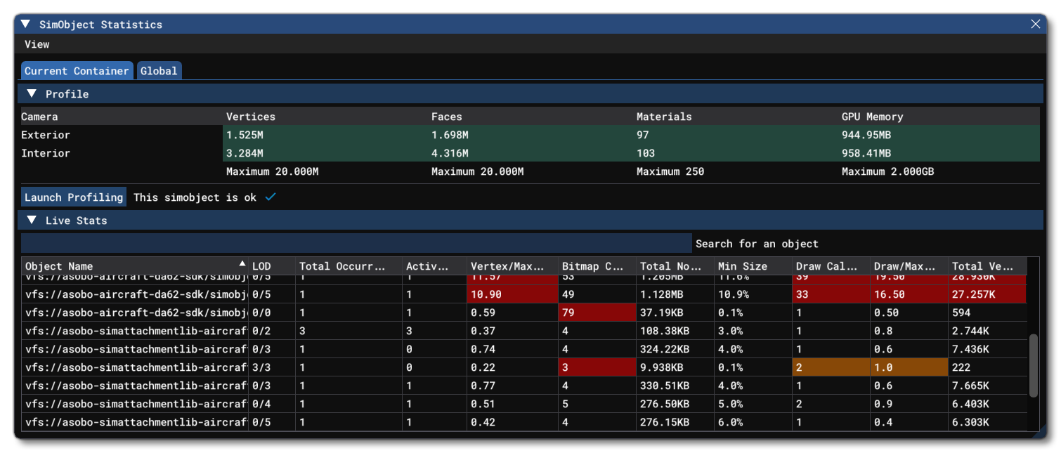 The SimObject Statistics Profiler Window
