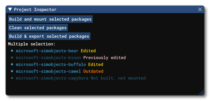 The Project Inspector Listing Multiple Selected Packages