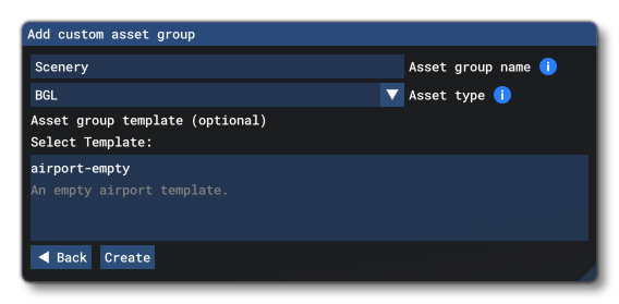 The Add Asset Group Window In The Project Editor