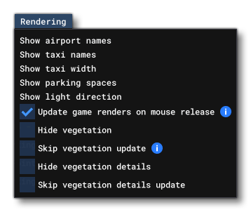 The Rendering Menu In The Scenery Editor