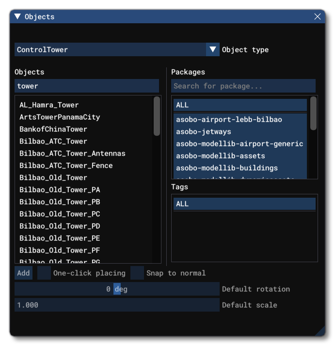 Different Scenery Object Elements Listed In The Objects Window Filtered For Control Towers
