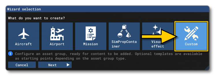 Selecting The Custom Asset Group In The Asset Creation Wizard Selecting The Custom Asset Group In The Asset Creation Wizard
