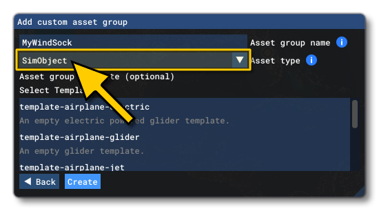 Selecting The SimObject Asset Group Selecting The SimObject Asset Group