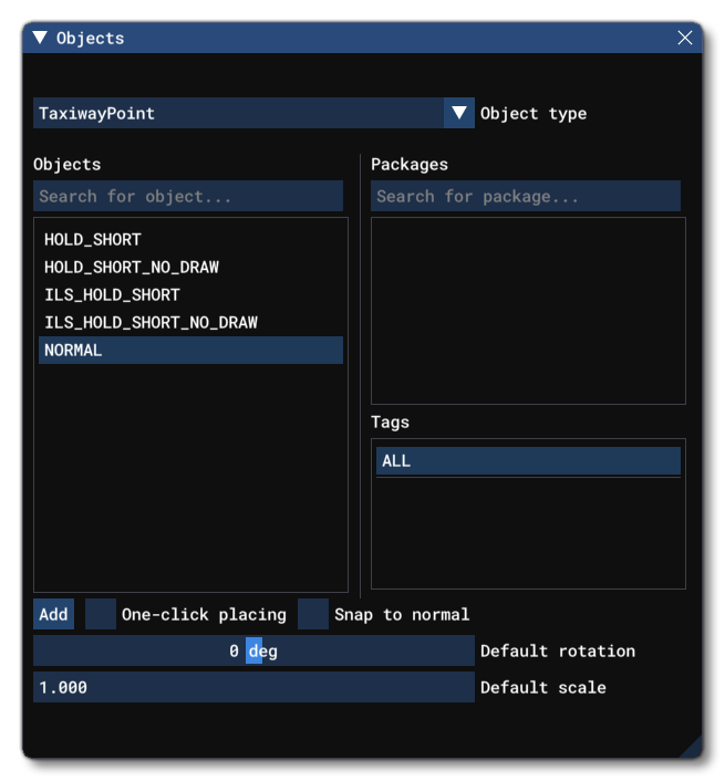 Different Taxiway Point Object Elements Listed In The Objects Window
