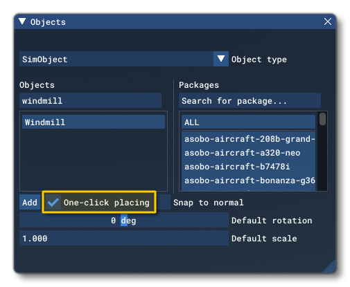 The Object Window One Click Placing Option