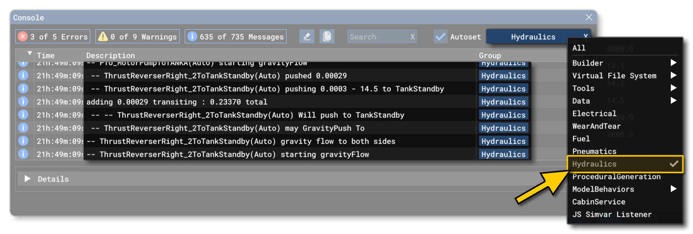 Hydraulics Output in The Debug Console