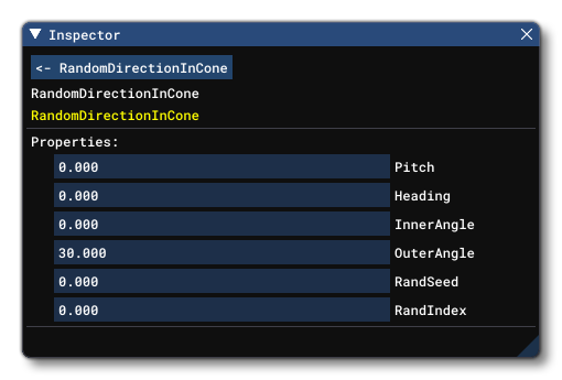 The Inspector Window Inputs For The RandomDirectionInCone Node