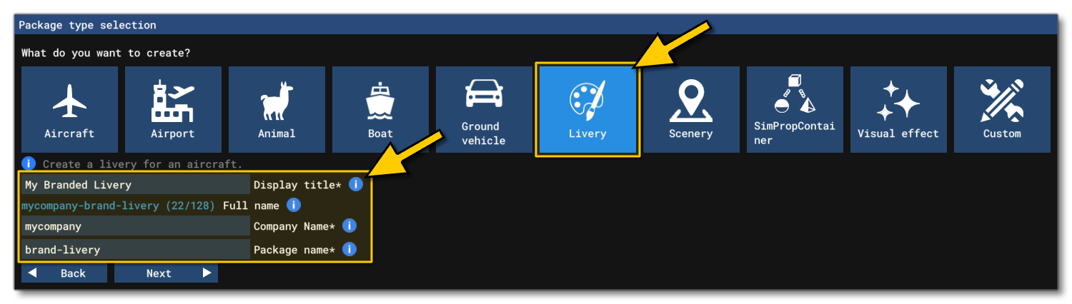 Selecting Livery In The Package Type Selection Wizard