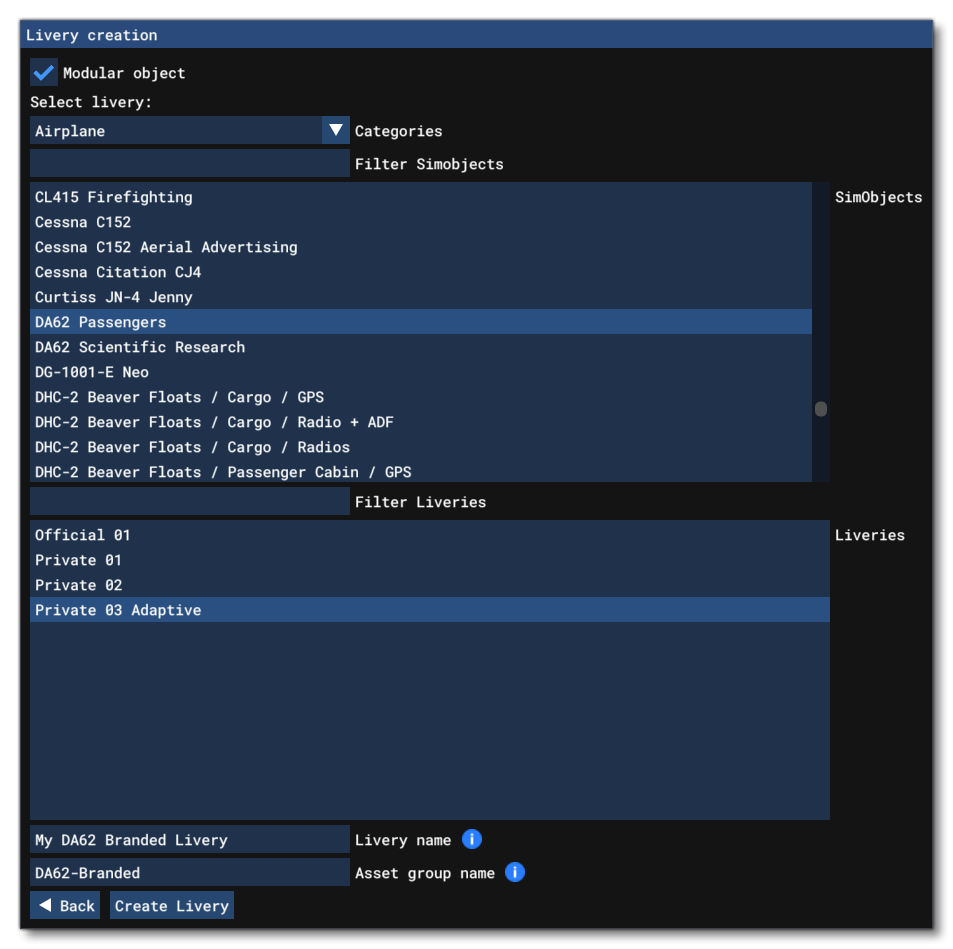 The Livery Creation Window