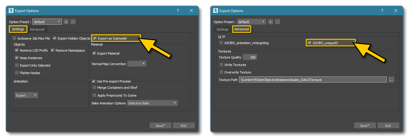 The Babylon Exporter Submodel Export Settings