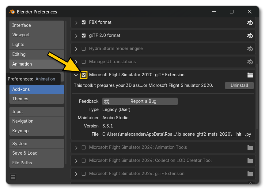 Disabling The MSFS2020 Plugin In Blender