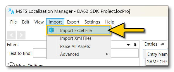 Importing The Excel File Into The Localisation Manager