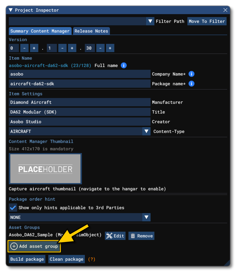 Adding An Asset Group To An Aircraft Package