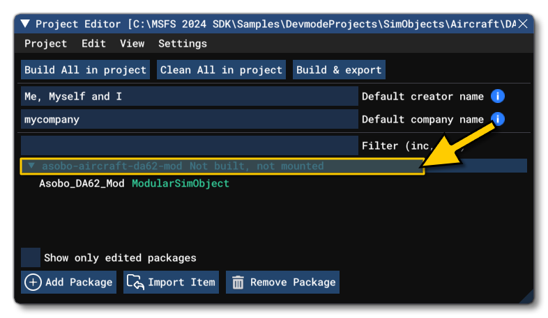 The DA62 Mod Package In The Project Editor