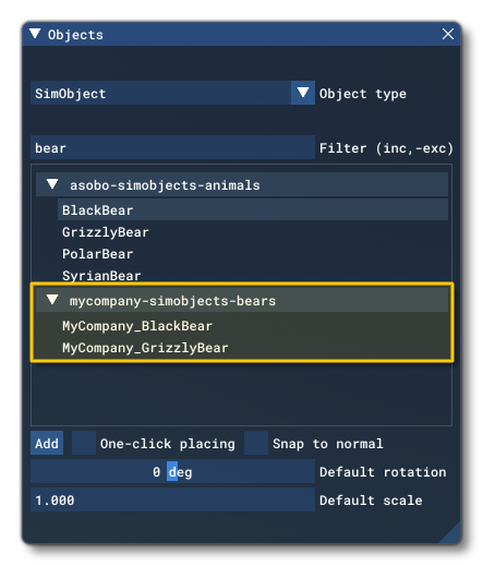 The SampleBears Demo Objects In The Scenery Editor Objects Window