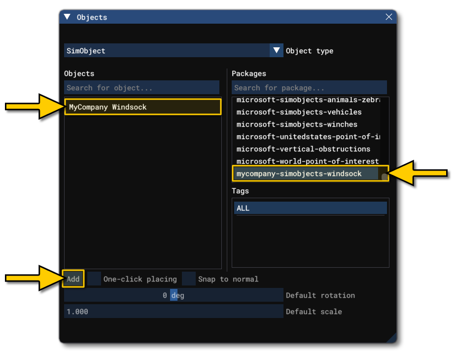 Finding The Windsock SimObject In The Objects Window