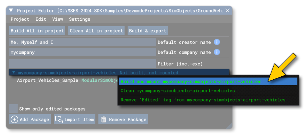 Building The AirportVehiclesSample Package In The Project Editor Inspector