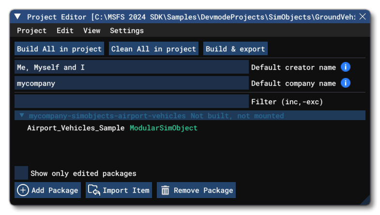 The AirportVehiclesSample Project In The Project Editor