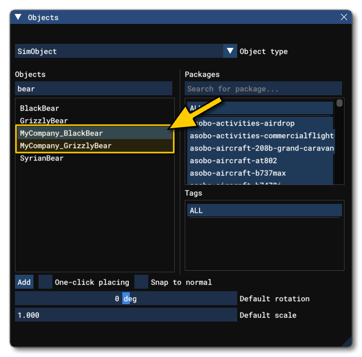 The SampleBears Demo Objects In The Scenery Editor Objects Window