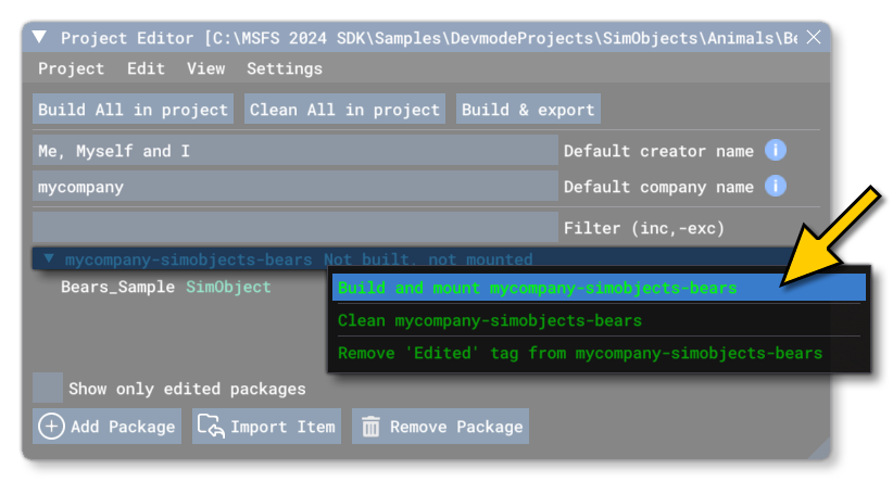 Building The BearsSample Package In The Project Editor Inspector