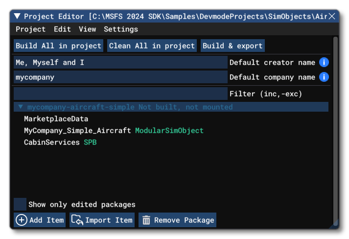 The SimpleAircraft Sample Open In The Project Editor