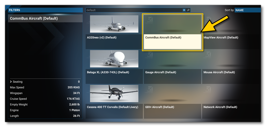 Selecting The CommBus Aircraft In The Simulation