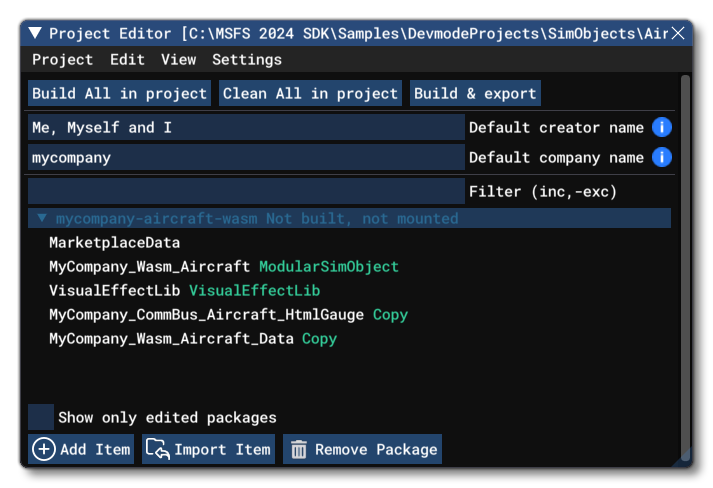 The WASMAircraft Sample Open In The Project Editor