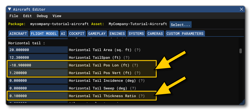 The H-Tail Pos And Thickness Parameters in The SimObject Editor The H-Tail Pos And Thickness Parameters in The SimObject Editor