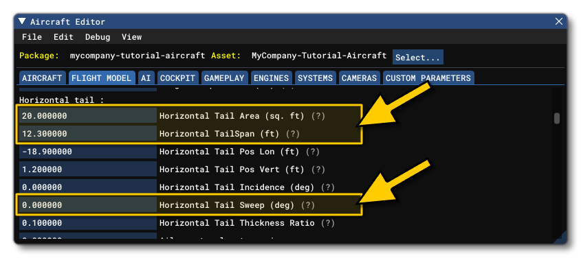 The H-Tail Area, Span And Sweep Parameters in The SimObject Editor The H-Tail Area, Span And Sweep Parameters in The SimObject Editor