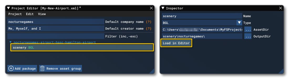 The Airport Asset Group In The Project Editor