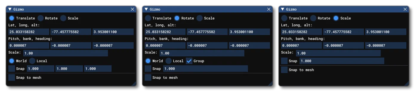 The Different Gizmo Windows For The Scenery Editor