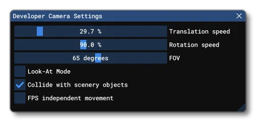 The Developer Camera Settings Window