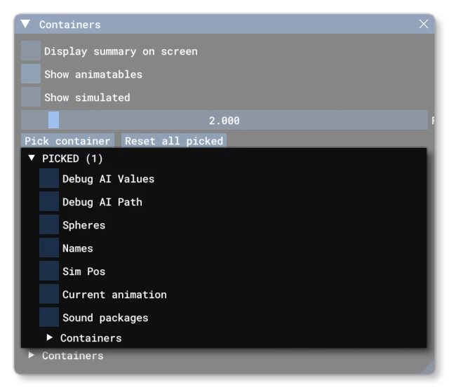 The Picked Section Of the SimObject Containers Debug