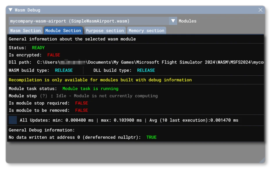 The Module Section Of The WASM Debug Menu