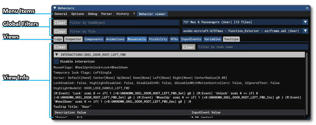 The Model Behaviors Debug Window