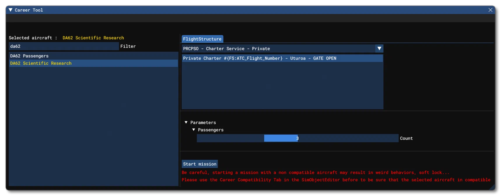 The Career Tool Window After Selecting An Aircraft And An Activity