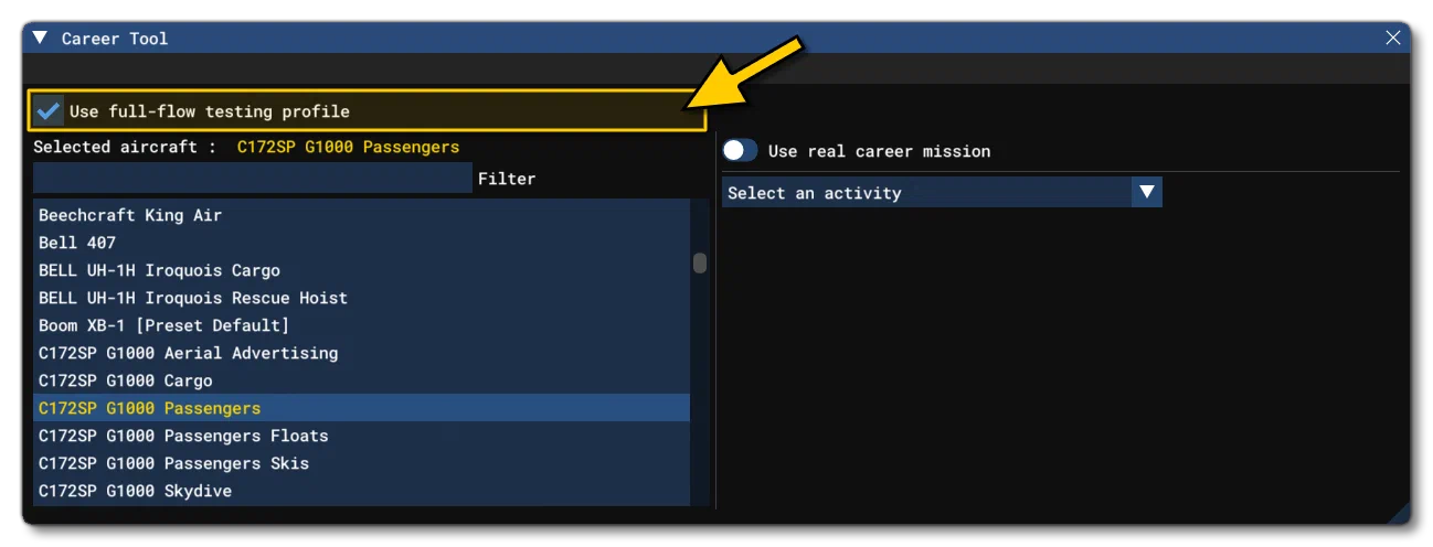 The Career Tool Window Use full flow testing profile Option