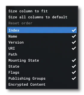 The Package Window Columns RMB Menu